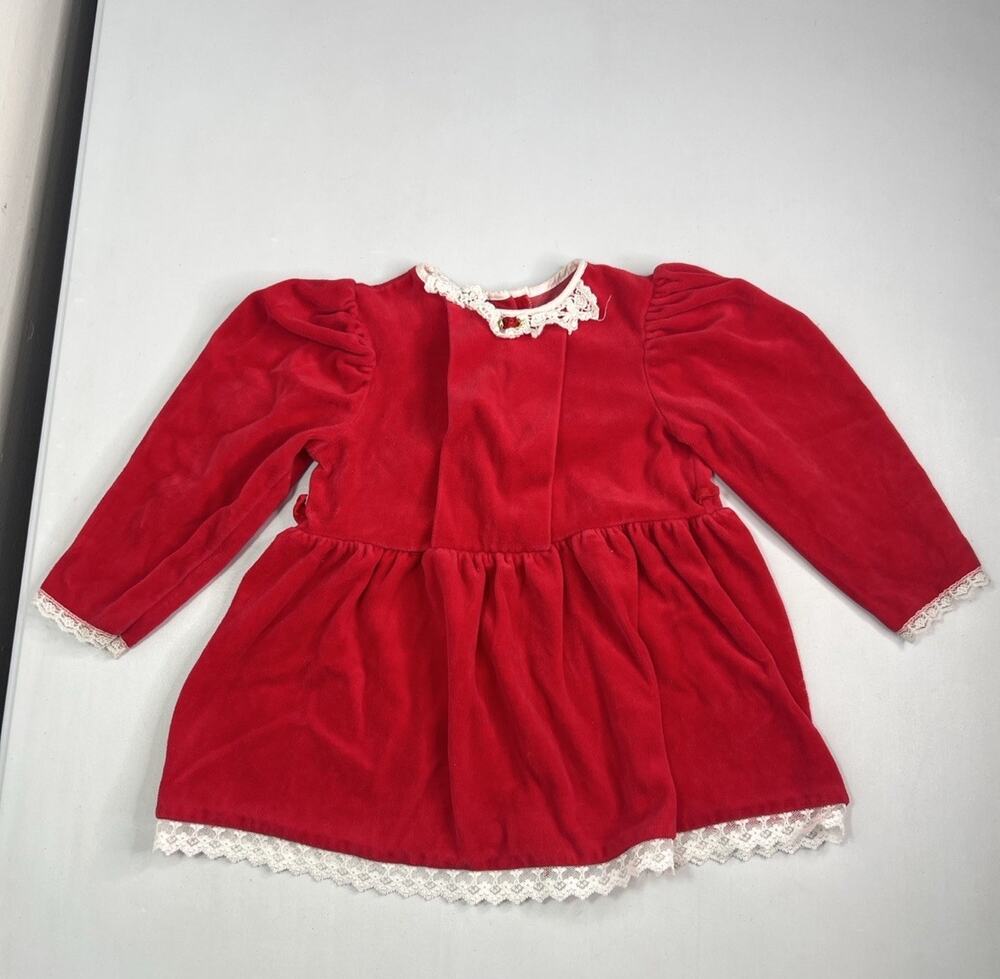 Vintage Evy of California Baby Girl Red Velvet Dress Lace Trim Party Size 2T